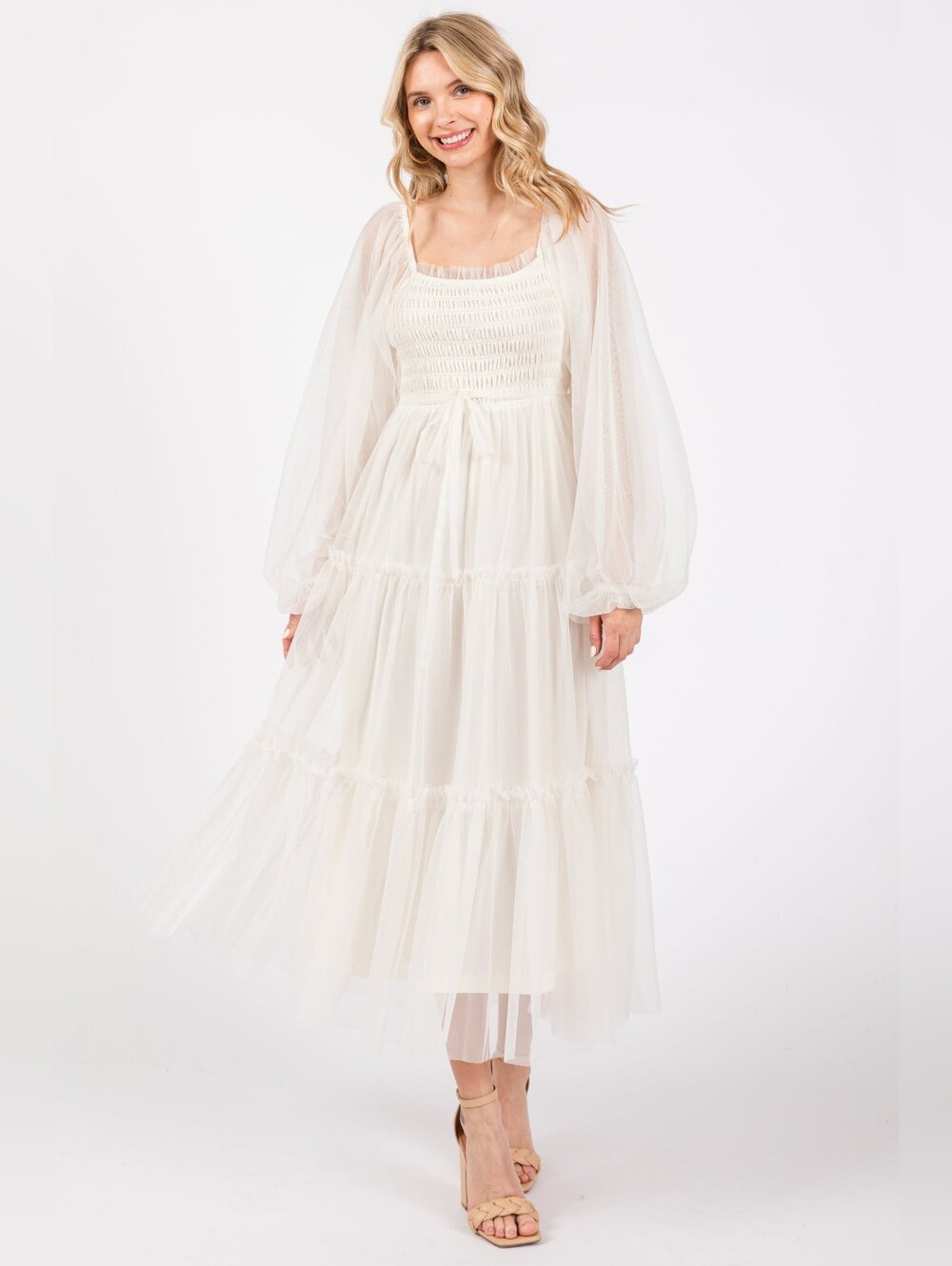 Listicle Cream Tiered Smocked Midi Dress with Sheer Bishop Sleeves Size L